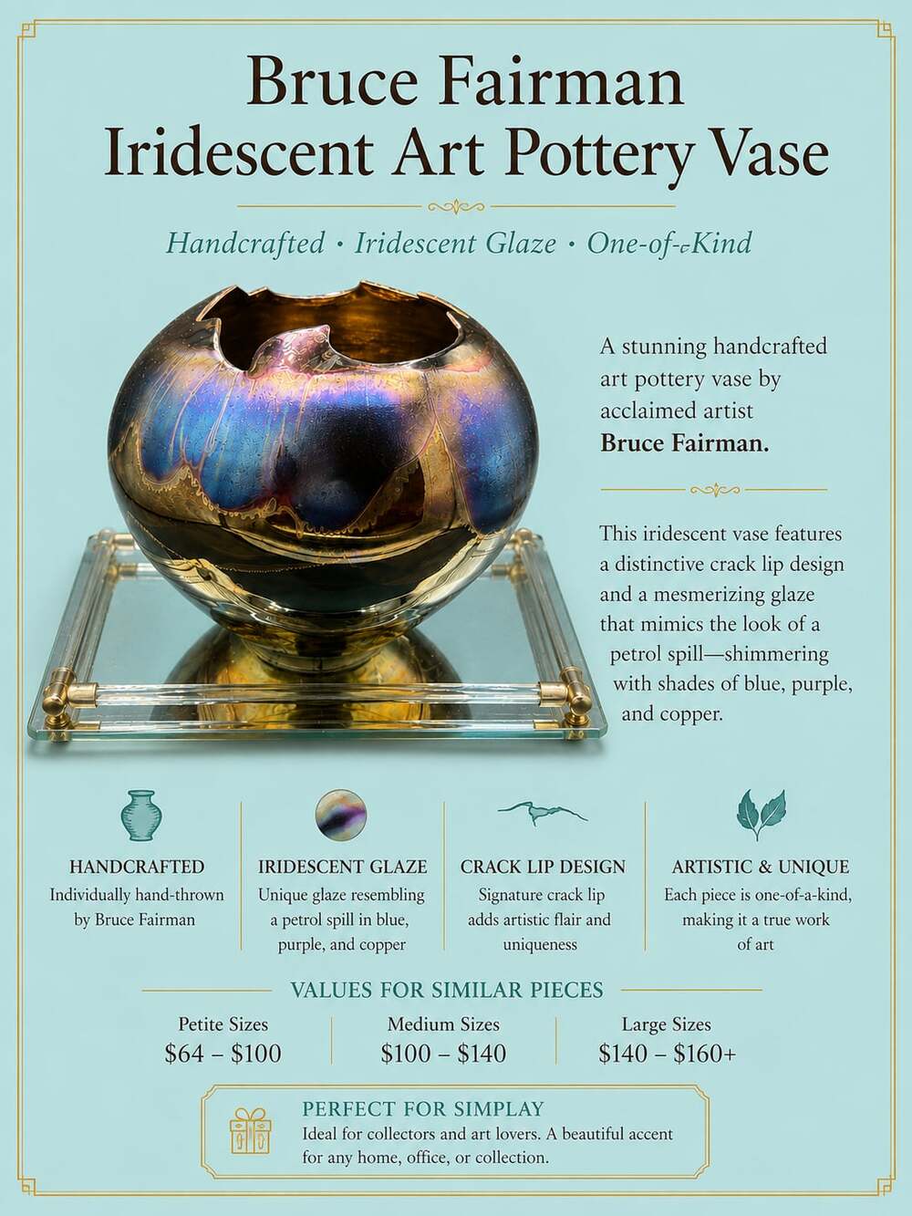 Bruce Fairman Handcrafted Iridescent Art Pottery Vase with Crack Lip Design
